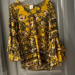 CAbi Mustard Floral V-Neck Ruffle Sleeve Blouse